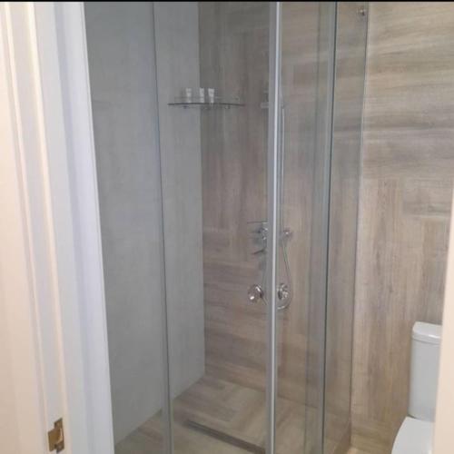 a shower with a glass door next to a toilet at Kaspi Hotel in Uralsk