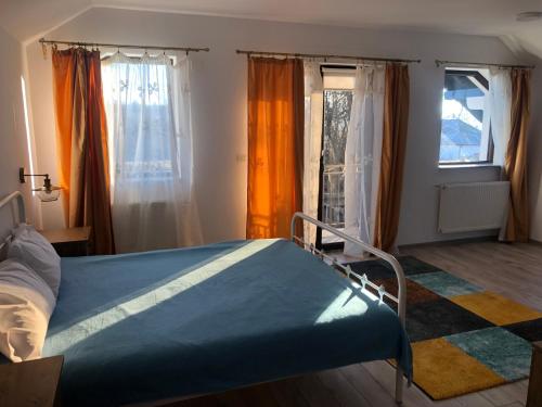 肯普隆格的住宿－Pensiunea Crețișoara，卧室配有一张位于两扇窗户前的床铺