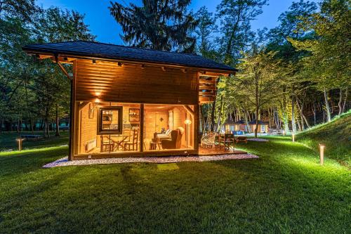 a small log cabin in a field of grass at Pikol Lake Village Boutique Glamping in Nova Gorica