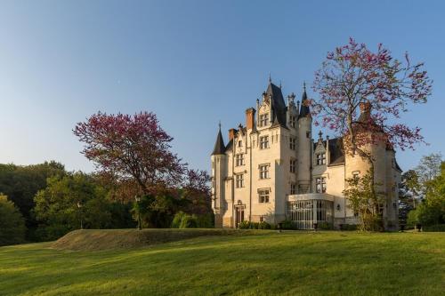 un vieux château sur un champ herbeux en face dans l'établissement Domaine de Brou, à Noyant-de-Touraine