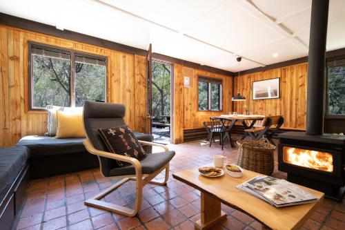 a living room with a couch and a fireplace at Turon Gates - Mountain Retreat in Capertee