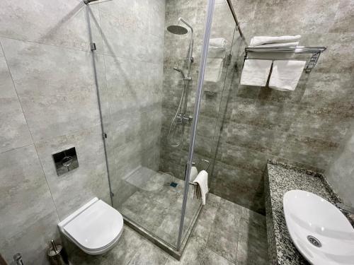 a bathroom with a shower and a toilet and a sink at Terrasse Hotel & Bar in Bishkek