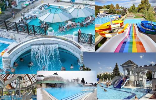 a collage of photos of a water park at Filsdeger Royal Panzió in Eger