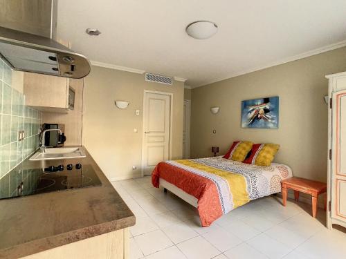 een slaapkamer met een bed en een keuken met een wastafel bij Le StudioCallian in Callian