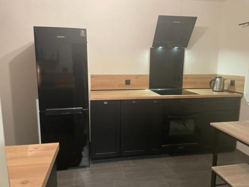 a kitchen with a black refrigerator and a stove at Maison avec jardin à 8 min de l'aéroport in Saint-Victoret