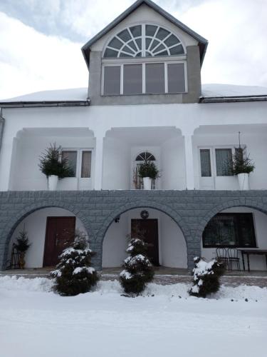 a white house with potted plants on top of it at Садиба "Віталія" in Volovets