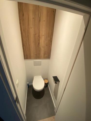 een badkamer met een toilet en een houten plafond bij Maison L’ Ambléve in Aywaille