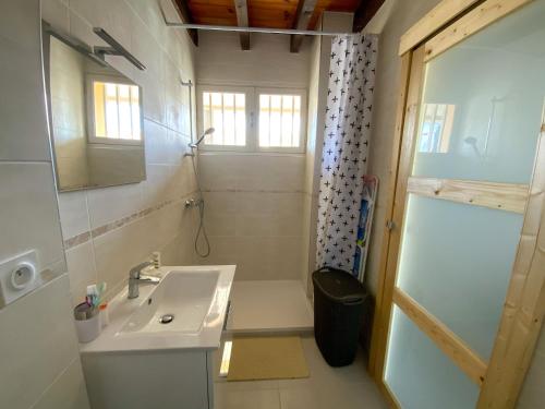 une salle de bain avec un lavabo et une douche dans l'établissement Appartement pour famille Saint-Pierre-la-Mer, à Fleury