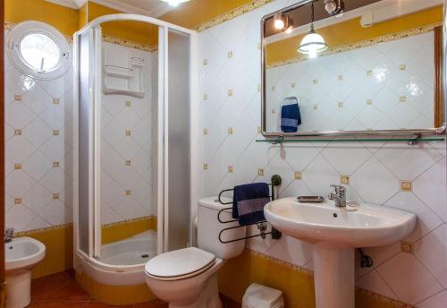 a bathroom with a toilet and a sink and a shower at Apartamento con jardin en un chale in Bueu