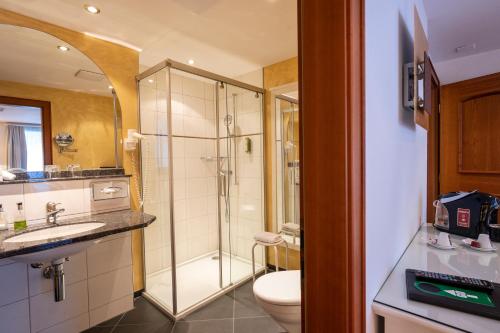 a bathroom with a shower and a toilet and a sink at Seilers Vintage Hotel & Spa in Kandersteg