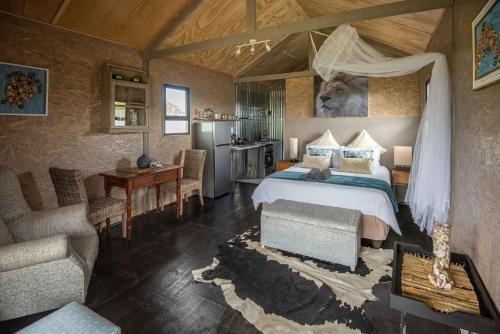 a bedroom with a bed and a desk and a kitchen at Tenikwa Wildlife Centre in Plettenberg Bay