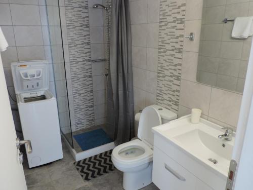 a bathroom with a toilet and a sink and a shower at Splendide Apartments in Agios Nikolaos