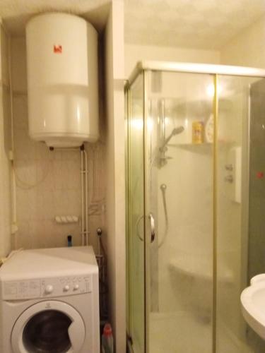 une salle de bain avec douche et machine à laver dans l'établissement Bleu d'Arques Appartement lumineux et calme, à Dieppe
