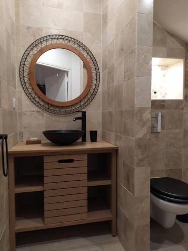 une salle de bain avec un lavabo, des toilettes et un miroir dans l'établissement Charmant studio au cœur de Cassis, à Cassis