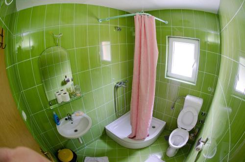 a green tiled bathroom with a sink and a toilet at Vila Sunce Village Resort Konjic in Konjic