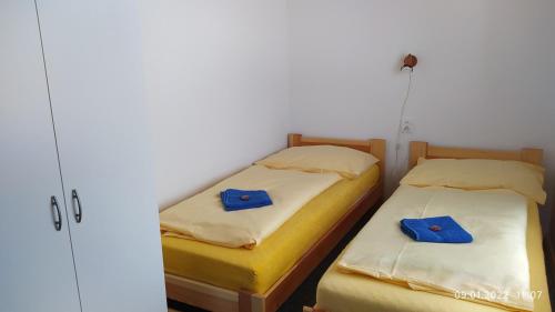 Duas camas num quarto com almofadas azuis em Apartmán Pod Žalým em Benecko