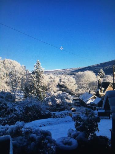 un patio cubierto de nieve con árboles y casas en Church Hill House en Betws-y-coed