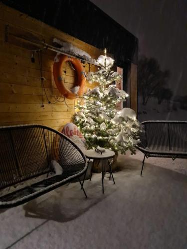 a christmas tree in a room with two benches at Costa del Kryspi Całoroczne Domy na Wodzie in Cholerzyn