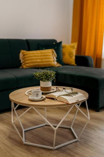 a coffee table in a living room with a couch at Apartament Miodownik in Międzylesie
