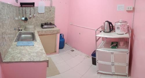 eine rosa Küche mit einer Spüle und einer Theke in der Unterkunft Djci Apartelle with kitchen n bath 211-209 in Cabanatuan