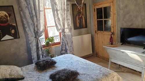 a bedroom with a bed and a television and a window at la maison porte bonheur in Chantelle