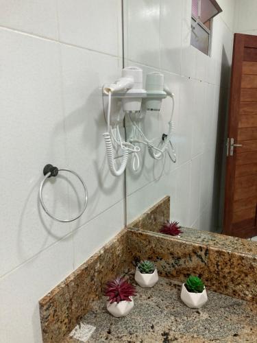 a bathroom with threeotted plants and a phone on the wall at casa em Barra de Cunhaú-RN in Barra do Cunhau