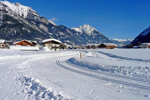 a snow covered village with mountains in the background at Landhaus Alpenblick in Wiesing