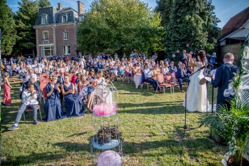 a crowd of people watching a wedding ceremony at Château Corneille in Vieux-Villez