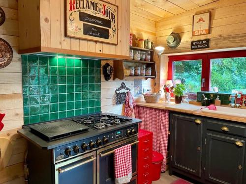 a kitchen with a stove top oven in a cabin at Chalet du praillage in Spa