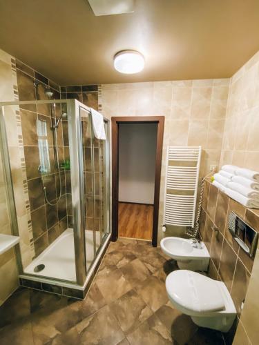 a bathroom with a shower and a toilet and a sink at Riverside Apartments Thalia in Karlovy Vary