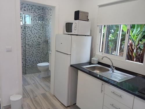 uma cozinha com um frigorífico branco e um lavatório em Tabua Village Suite VIP em Ribeira Brava