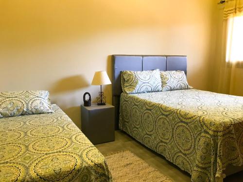 1 dormitorio con 2 camas y mesita de noche con lámpara en Aparthotel Los Laureles, en San Lorenzo de la Frontera