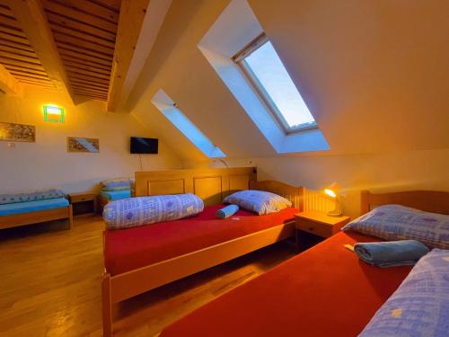 a attic bedroom with two beds and a skylight at Alva Pension 1 in Mikulov