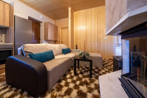 ein Wohnzimmer mit einem Sofa und einem TV in der Unterkunft Pefkos House in Anthochórion