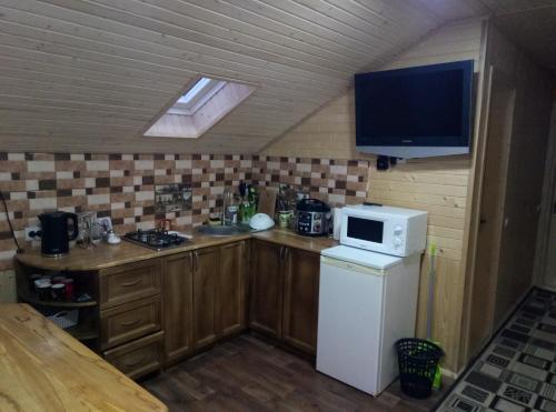 a small kitchen with a white refrigerator and a microwave at Sova in Lazeshchyna