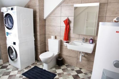 a bathroom with a washing machine and a sink at Rustica Yellow nähe Uni, Olma, Spital, FHS in St. Gallen