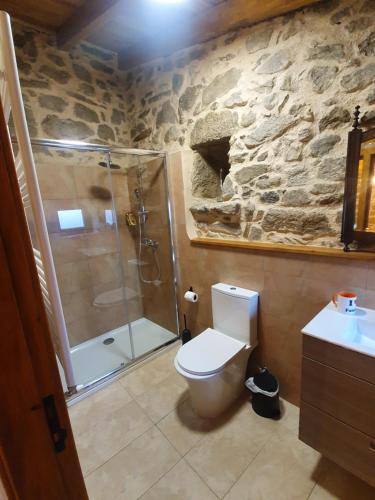 a stone bathroom with a shower and a toilet at Fuinhas de Amor in Fornos de Algodres