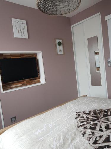 um quarto com uma cama e uma televisão de ecrã plano em Les nids de la Baie em Favières