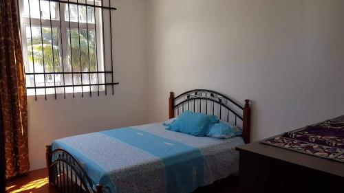 ein Schlafzimmer mit einem Bett mit einem blauen Kissen darauf in der Unterkunft Soleil Couchant No 2 in Flic-en-Flac