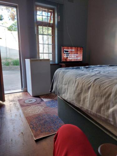 um quarto com uma cama, uma televisão e uma janela em Luvuyos Guest House Pmb em Pietermaritzburg