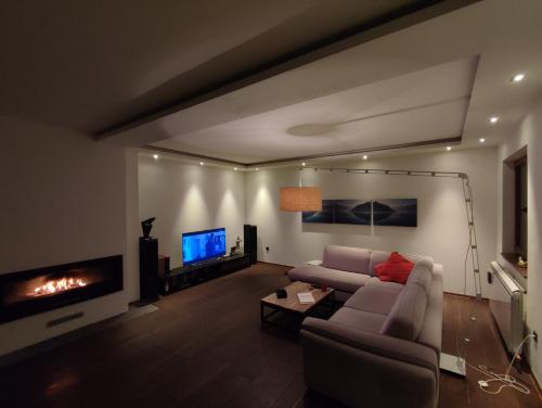 a living room with a couch and a fireplace at Šumarak Lodge in Sarajevo