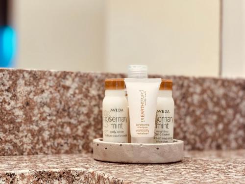 two bottles of sunscreen sitting on top of a counter at Taos Valley Lodge in Taos