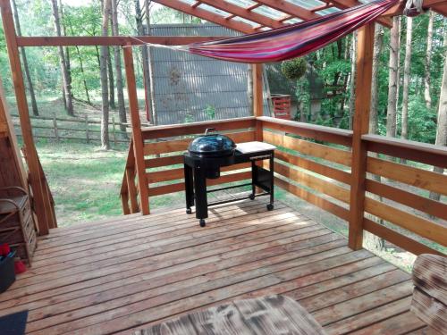 a screened in porch with a hammock on it at Domek na Mazurach Leśne Zacisze in Ostaszewo