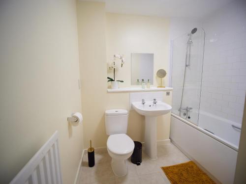 a bathroom with a toilet and a sink and a shower at Cosy One Bed City Apartment -The Hub in Milton Keynes