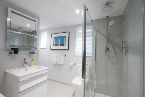 a bathroom with a shower and a toilet and a sink at Merrythought Cottage - entire 2 bed, 2 bath cottage in the heart of Rye citadel in Rye