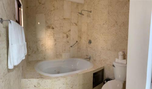 a bathroom with a bath tub and a toilet at Real Hispano in Valladolid