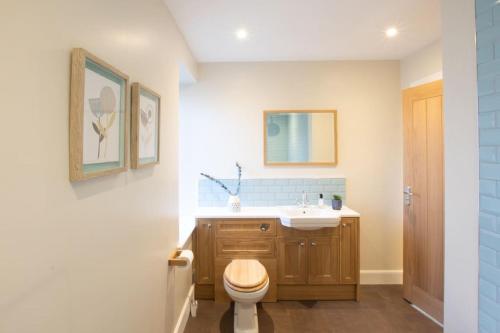 a bathroom with a sink and a toilet at Stunning Edinburgh 1820s stables converted house in Ratho