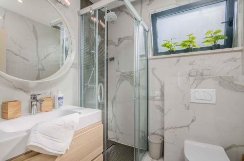 een badkamer met een douche, een wastafel en een spiegel bij Apartment in Zidarici - Insel Krk 42220 in Vantačići