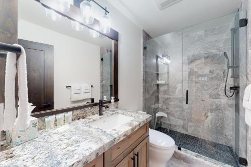 a bathroom with a sink and a shower and a toilet at Maison de Montagne in Incline Village