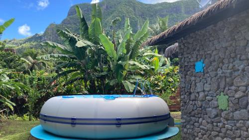 a large bath tub sitting next to a building at Fare HONU Cook’s Bay Moorea in Moorea